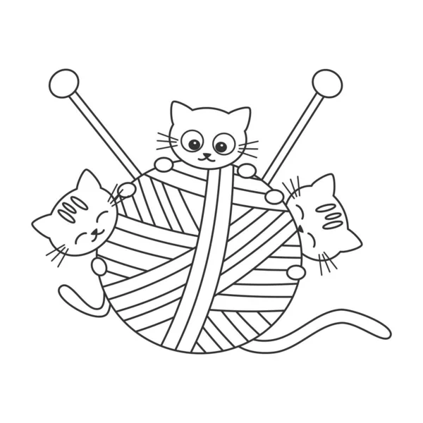 Schattig Zwart Wit Cartoon Katten Spelen Met Wol Bal Grappige — Stockvector