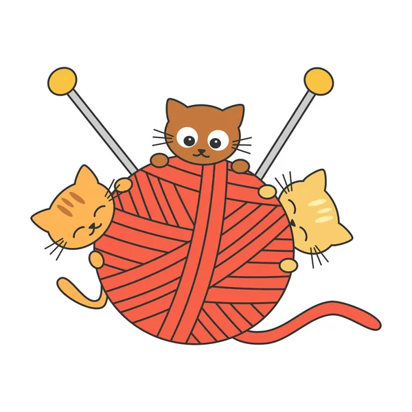 Schattig Cartoon Katten Spelen Met Wol Bal Grappig Vector Illustratie — Stockvector