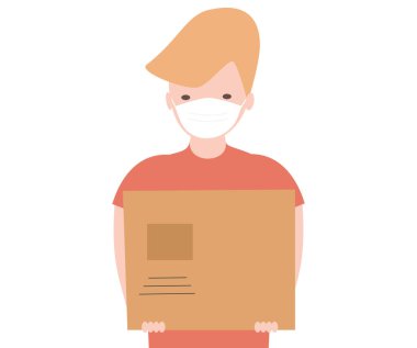 Coronavirus salgını sırasında elinde kutu olan tıbbi maskeli bir kurye ile vektör çizimi COVID-19 sırasında çalışıyordu.