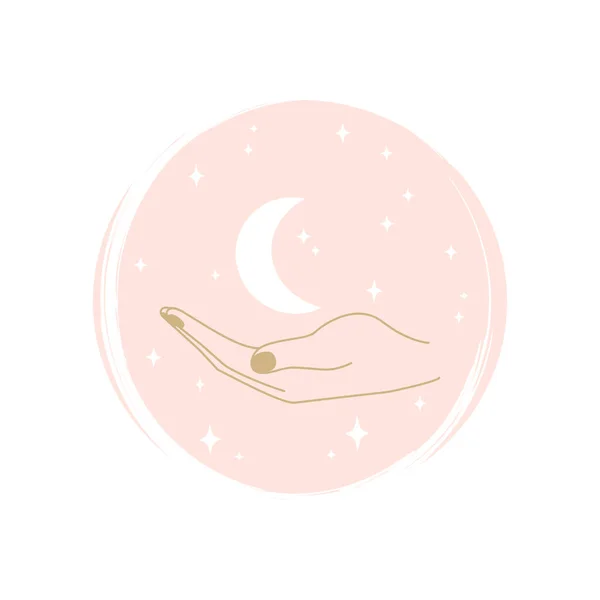 月と星のロゴベクトルのイラストを持つかわいい人間の手は ソーシャルメディアの物語のハイライトのためのブラシテクスチャで円 — ストックベクタ