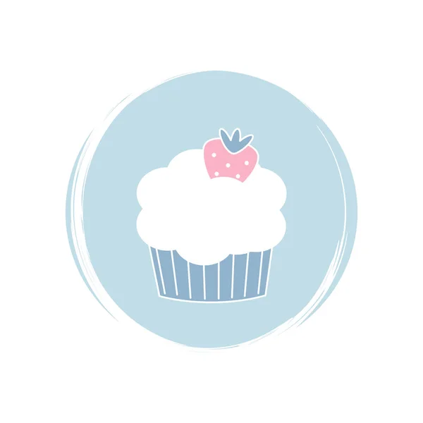Aardbei Cupcake Pictogram Logo Vector Illustratie Cirkel Met Borstel Textuur — Stockvector