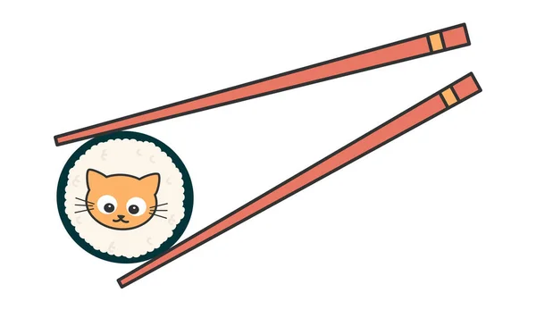 Милий Мультфільм Японський Суші Рол Кішкою Смішні Векторні Ілюстрації — стоковий вектор