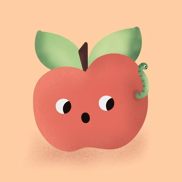 Cute Postać Kreskówki Jabłko Robakiem Zabawna Ilustracja — Zdjęcie stockowe