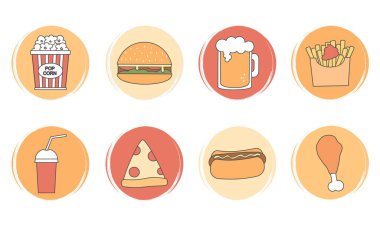 Sosyal medya vurguları için şirin Fast Food unsurları içeren logo tasarım şablonları, simgeleri ve rozetleri vektör kümesi