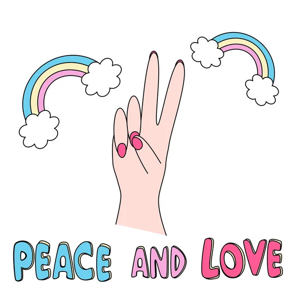 用女性的手和彩虹勾画出美丽的和平与爱情矢量卡片 — 图库矢量图片