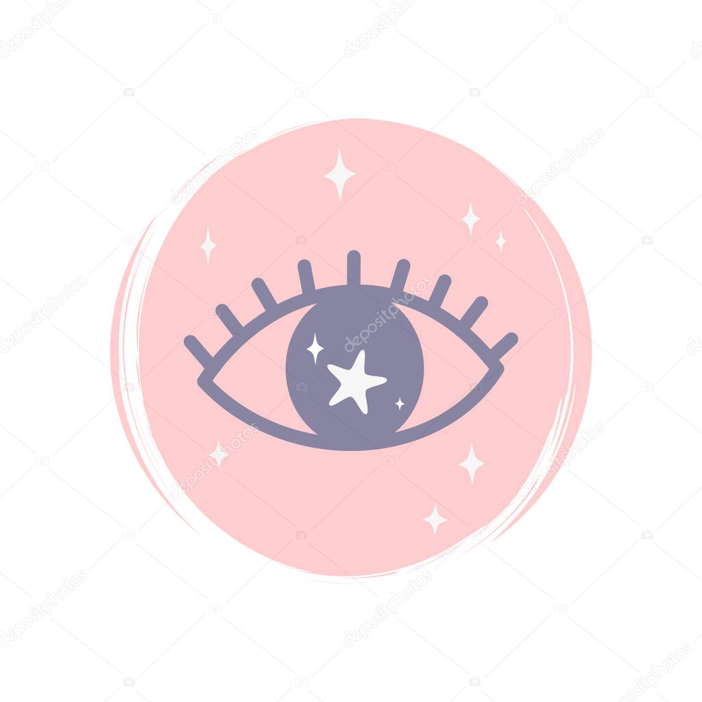 Cute esoteric magic eye with stars icon vector, illustration on circle with brush texture, for social media story and instagram highlights