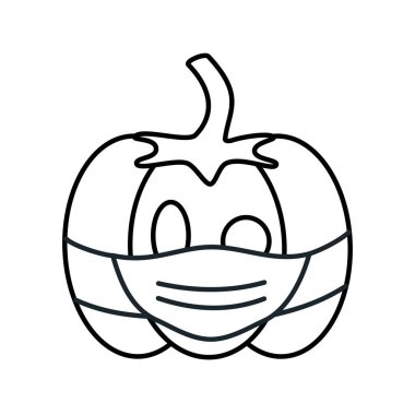 Tıbbi koruyucu maskeli şirin siyah beyaz balkabağı cadılar bayramı konsepti Coronavirus pandemik resim boyama sanatı çizimi