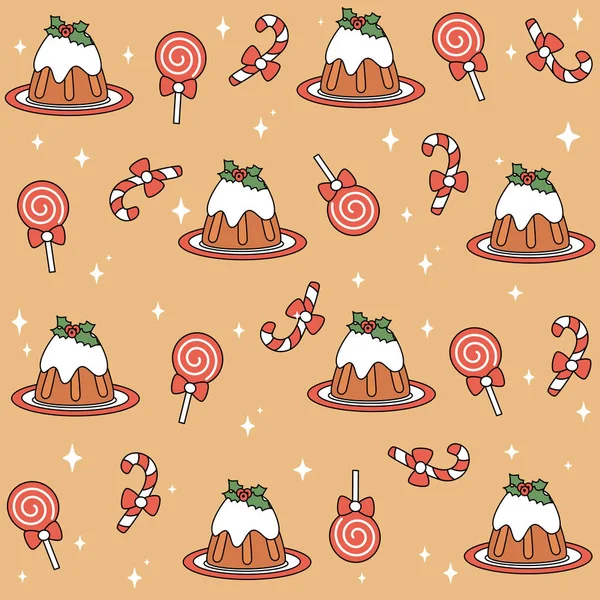 Cute Natal Vetor Padrão Fundo Ilustração Com Pudim Natal Cana —  Vetores de Stock