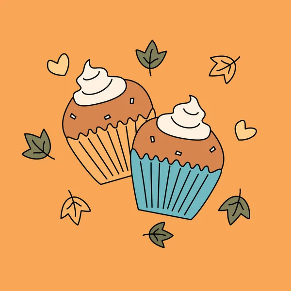 Cute Pumpkin Cupcakes Cartoon Vector Illustration — Stock Vector