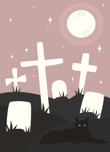 Aranyos Vektor Illusztráció Fekete Macska Temetőben — Stock Vector