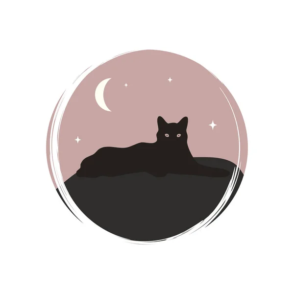 Leuke Esoterische Magische Halloween Zwarte Kat Icoon Vector Illustratie Cirkel — Stockvector