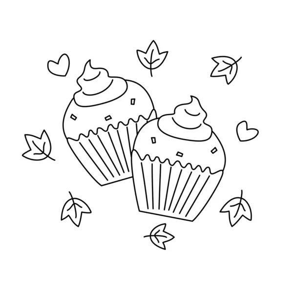 Aranyos Fekete Fehér Sütőtök Cupcakes Rajzfilm Vektor Illusztráció Színező Művészet — Stock Vector