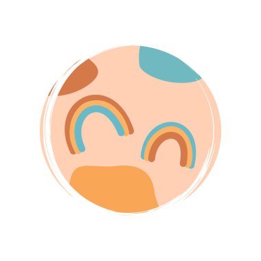 Çağdaş boho tarzında soyut gökkuşağı ile şirin logo veya simge vektörü, sosyal medya hikayesi ve vurgular için fırça desenli daire üzerine illüstrasyon