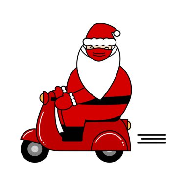 Noel Baba 'nın koruyucu maske takıp scooter sürdüğü şirin bir çizgi film çizimi.
