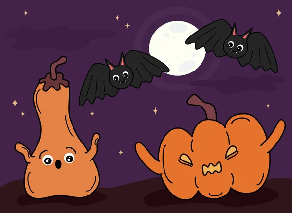 Aranyos Rajzfilm Halloween Vektor Háttér Illusztráció Sütőtök Denevérek — Stock Vector