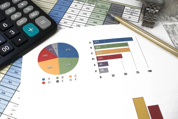 on the document from the column of numbers is a calculator and a graph with a round color chart. Business concept