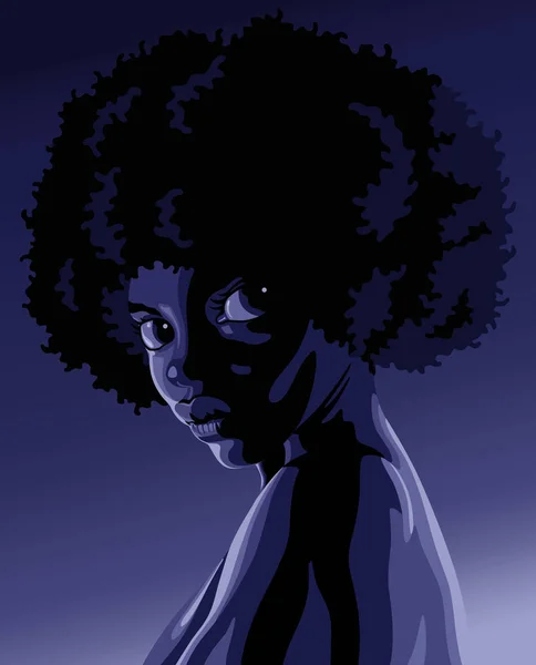 Retrato Estilo Dibujos Animados Hermosa Mujer Negra Claroscuro Iluminación — Vector de stock