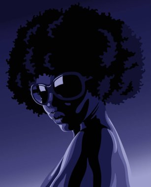 Koyu arka plan üzerinde izole ışık gölge ışık güneş gözlüklü güzel genç bir siyah kadın portresi