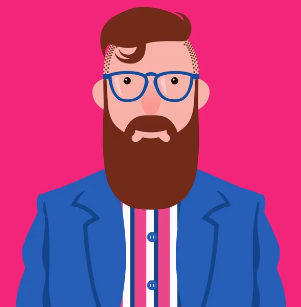 Vector portrait of elegant hipster with long brown beard and mustache and blue glasses on crimson background