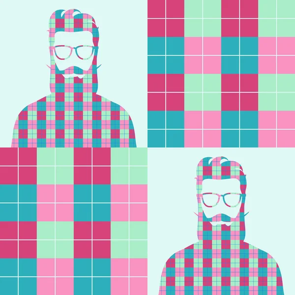 Adam hipster sakal ve bıyık çok renkli siluet ve İskoç kafes karelerinin ile Seamless modeli