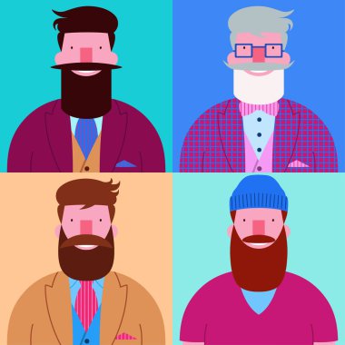 Pastel renkler arka plan üzerinde izole dört sakallı mutlu hipsters erkek karakter tasarım