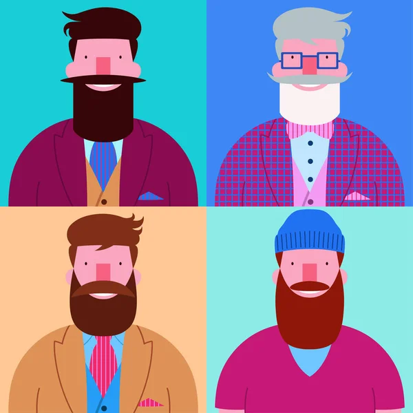 Pastel renkler arka plan üzerinde izole dört sakallı mutlu hipsters erkek karakter tasarım