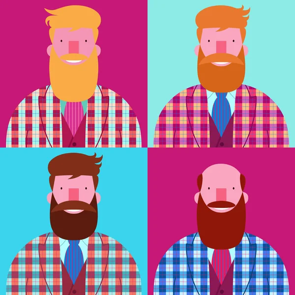 Dört sakallı gülümseyen adam hipsters ekose desenli ceket İskoç kafes izole mavi ve mor arka planlar ile kümesi