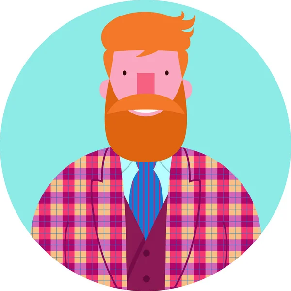 Simge vektör kontrol ceket, yelek ve kravat sakallı genç gülümseyen adam portresi. Hipster sakal ve bıyık dairesel yeşil arka plan üzerinde izole