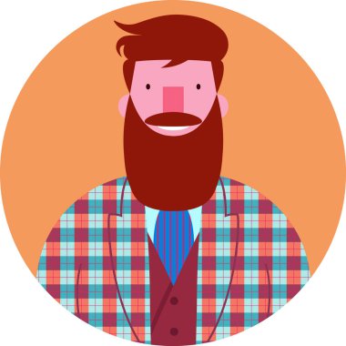 Simge vektör portre sakal ve bıyık dairesel bej renkli arka plan üzerinde izole mutlu hippi. Gülümseyen genç adam ekose desenli ceket, yelek ve kravat sakallı