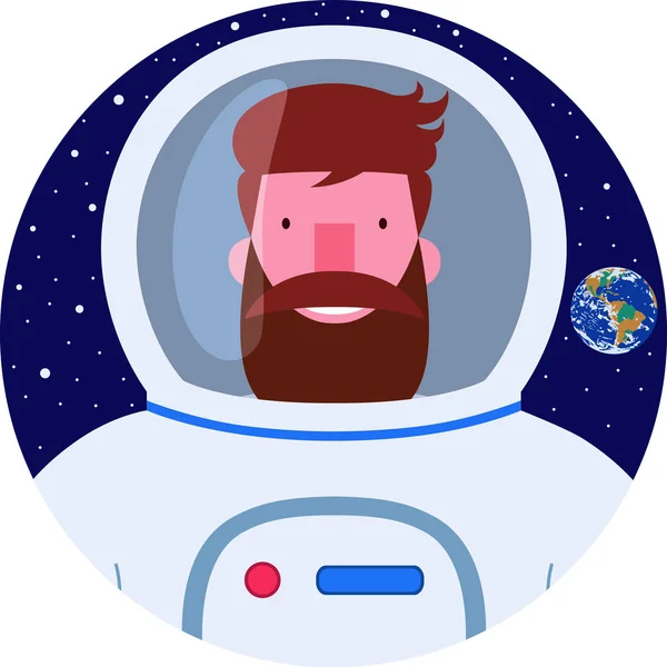 Simge vektör portre beyaz uzay giysisi içinde gülümseyen astronot sakallı. Mutlu yıldız ve Dünya gezegeni koyu mavi zemin üzerine hipster alan adamla sakal ve bıyık izole