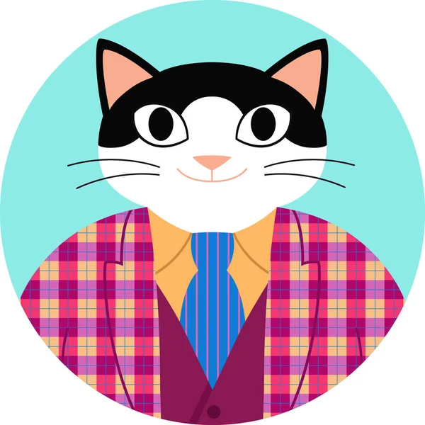 Simge bicolor kedi komik karikatür ekose desenli ceket, yelek ve kravat. Zarif hipster dairesel yeşil arka plan üzerinde izole mutlu siyah ve beyaz kedi kostümü