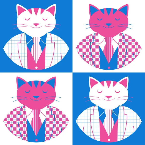 Dört karikatür kedi ekose ceket, yelek ve kravat ile Seamless modeli. Zarif retro tarzı kare arka plan üzerinde izole Kedilerde 