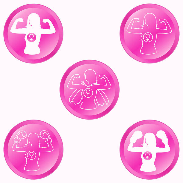 Woman strength round pink buttons set isolated on white background. Web circle icons of female energy with strong women showing biceps, boxing gloves, superheroine cloak