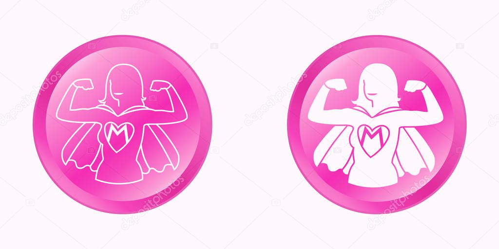 Super mom round pink buttons set isolated on white background. Web circle icons of smiling super mother with emblem and cloak