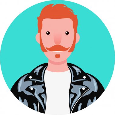 Favorileri, bıyıkları ve ruh yaması olan genç adamın yuvarlak simgesi. Siyah deri ceket ve beyaz gömlek gülümseyen hipster
