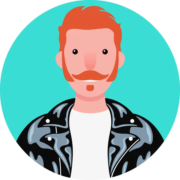 Favorileri, bıyıkları ve ruh yaması olan genç adamın yuvarlak simgesi. Siyah deri ceket ve beyaz gömlek gülümseyen hipster