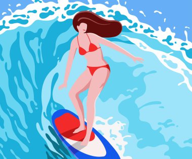 Sörf tahtasında büyük dalgalar sürme gülümseyen genç kadın ile Yaz illüstrasyon. Afiş büyük dikdörtgen yaz vektörü 