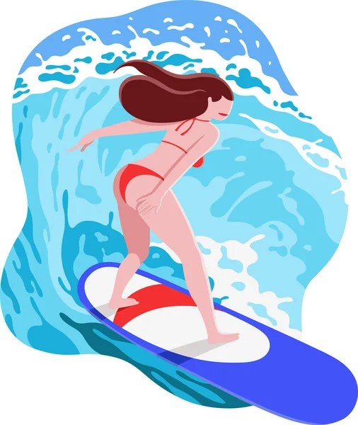 Ilustración Verano Con Joven Surfista Feliz Traje Baño Rojo Montando — Vector de stock