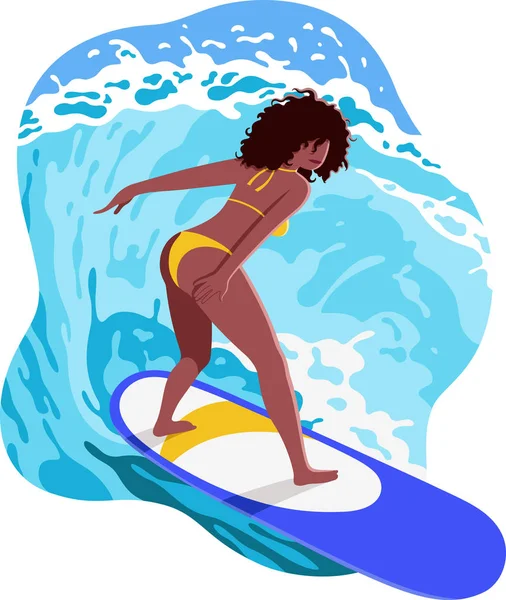 快乐的年轻黑人女冲浪者在蓝色的冲浪板上乘着巨浪 夏季插图与美丽的波浪骑手与卷曲的头发 — 图库矢量图片