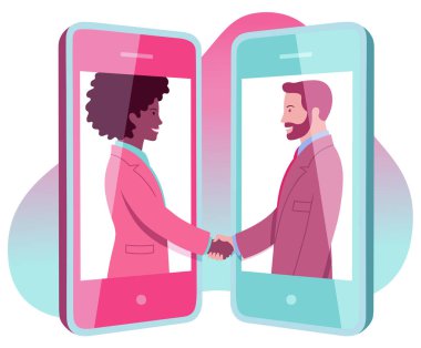 Cep telefonu kullanan sakallı iş adamıyla uzaktan yakından ilgilenen siyahi bir kadını temsil eden vektör illüstrasyonu.