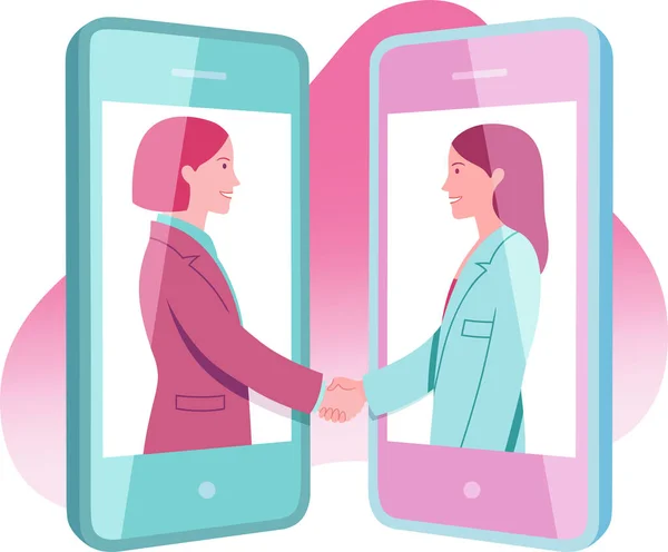 Two Business Women Working Remotely Agree Shaking Hands Screens Mobile — Stock Vector