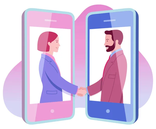 Cep telefonlarının ekranlarında el sıkışmayı kabul eden genç ve gülümseyen iş kadınlarının profil portreleri.