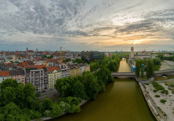 Helicopter top view to Munich Center with Isar Spot.