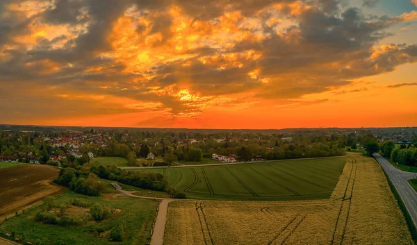 Glowing Sunset Next Village Orange Colors Wonderful Morning Hour — Stock Photo, Image