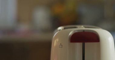 tost ekmeği ağır çekimde güneşli sabah kahvaltı mutfak masasında ekmek kızartma makinesi koyarak kaldırmalı ve