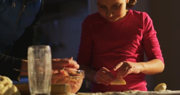 キッチン調理する学習と家族の夕食のための準備で彼女のお母さんを手伝って餃子を調理する子を学習します — ストック動画