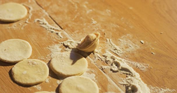 小麦粉料理をする学習と家族の夕食のための準備とテーブルの上の餃子ペリメニ ラビオリのトップ ビュー — ストック動画