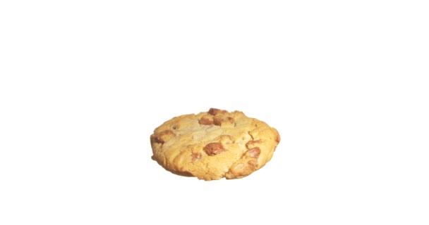 Cookie Spinning Και Περιστρεφόμενη Απομονώνονται Λευκό Φόντο Τροφίμων Που Αιωρούνται — Αρχείο Βίντεο