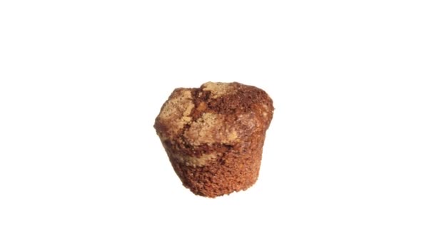 Muffin Cioccolato Filatura Rotante Isolato Sfondo Bianco Cibo Sospeso Aria — Video Stock