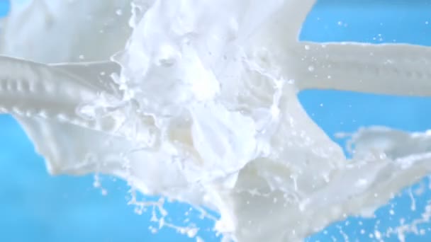 Φρέσκο Γάλα Που Εκρήγνυται Βουτιά Στον Αέρα Μπλε Φόντο Αργή — Αρχείο Βίντεο